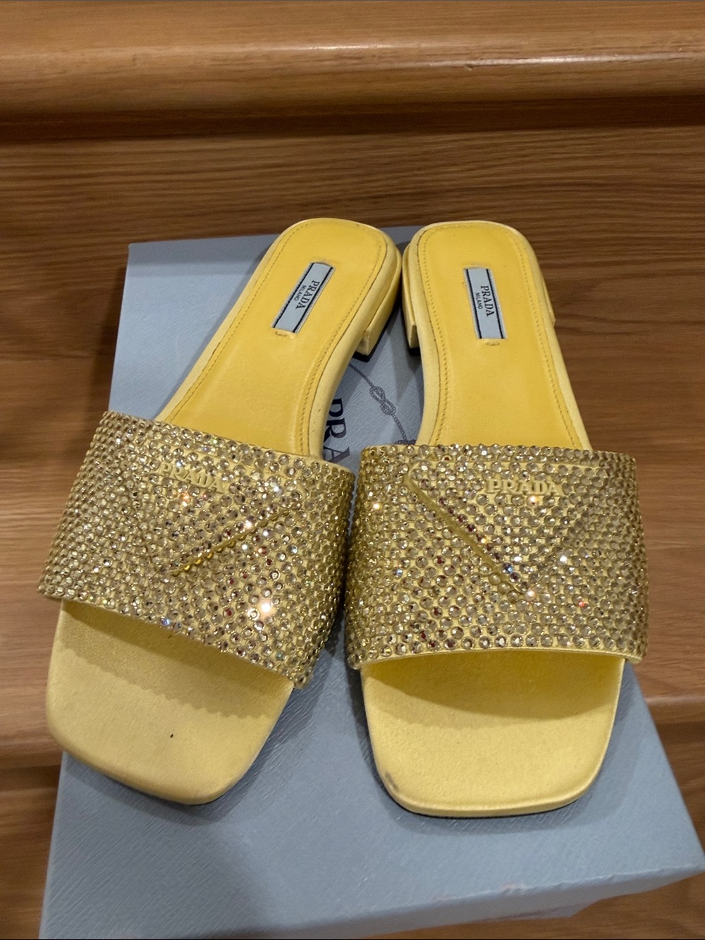 Prada Yellow Crystal-Embellished Slide Mules sandals  39.5  color Ananas